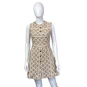 Vintage Sleeveless Button-Up Dress Sz Small Brown & Cream Woven Chevron Pattern